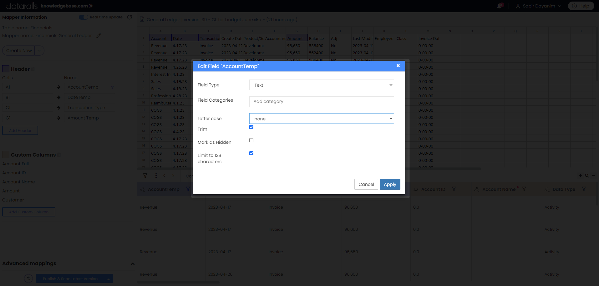 Data mapper field types datarails