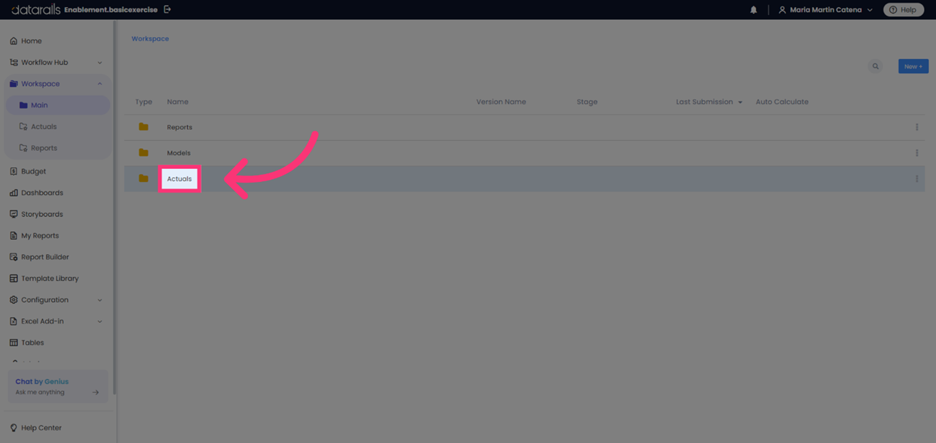 Navigate to Actuals Section