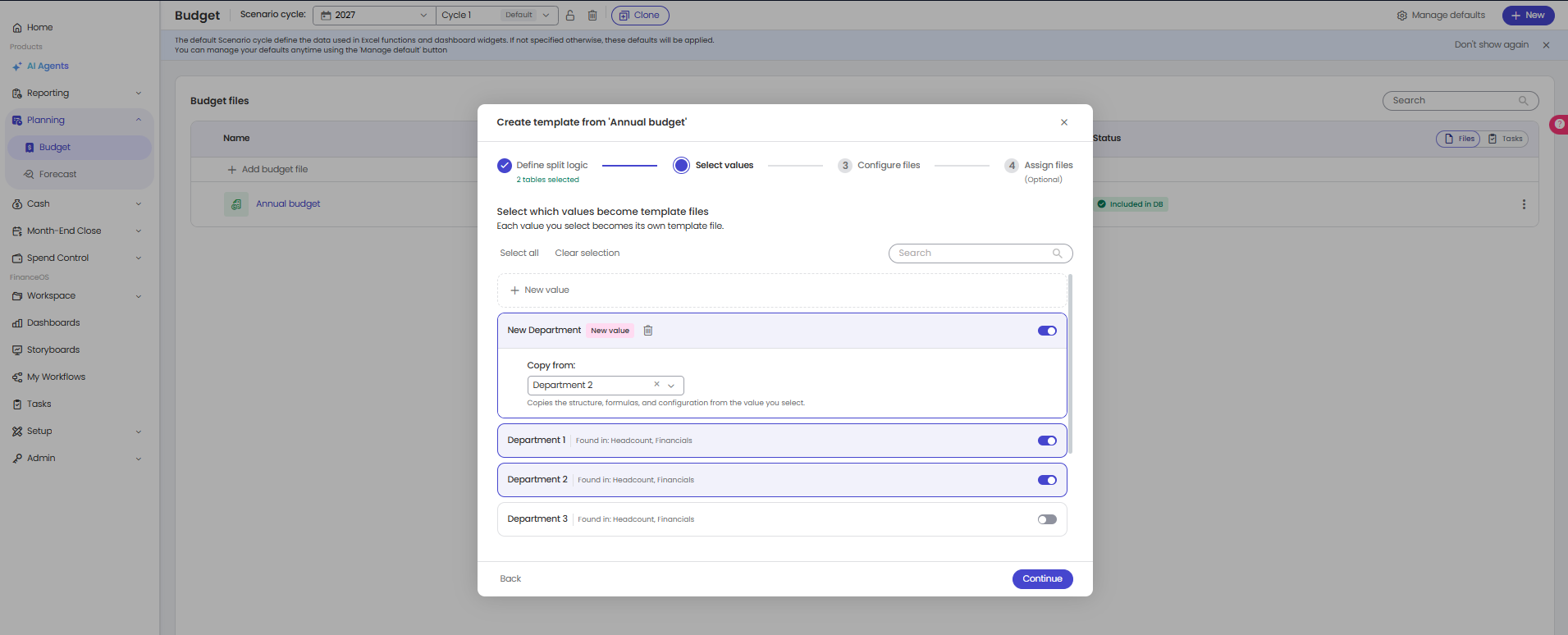 Step 2 Select values: choosing which values become template files, including a New value with Copy from