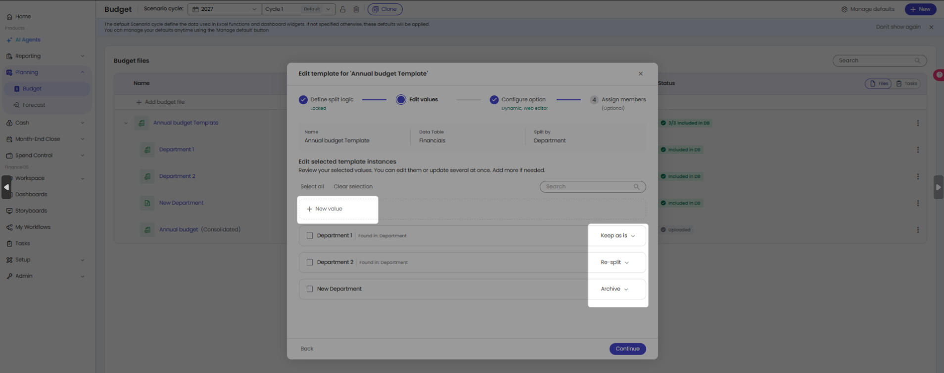 Edit template wizard with locked split logic and Keep as is, Re-split, and Archive options