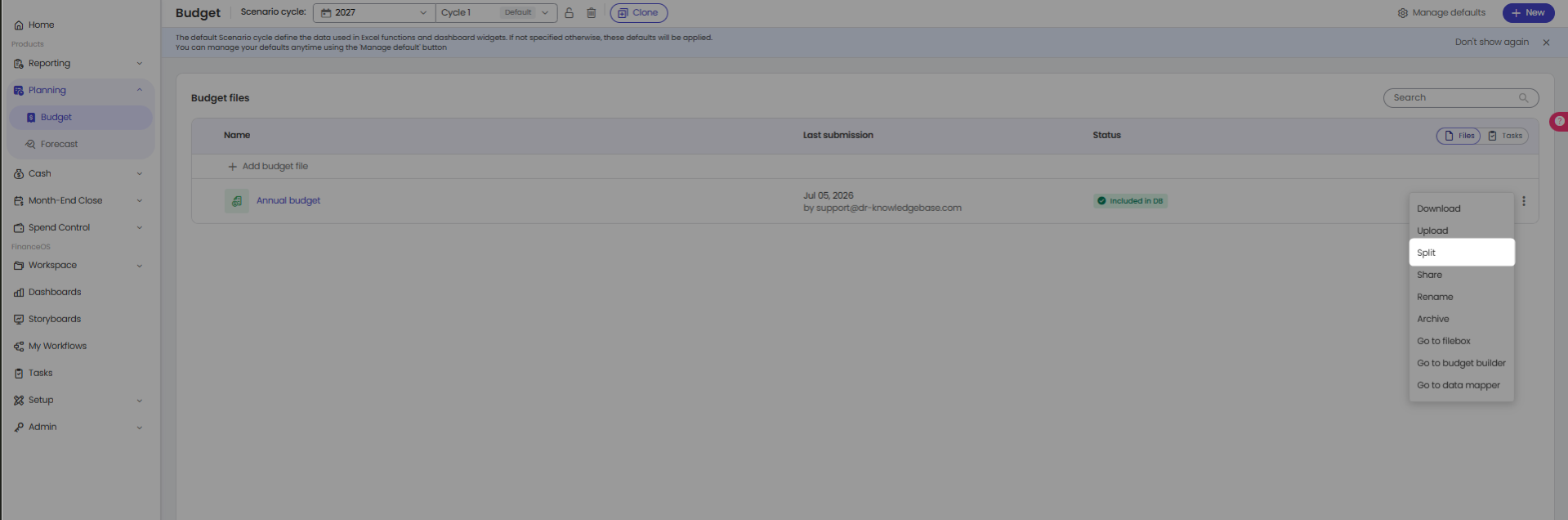Budget file three-dots menu with the Split option highlighted