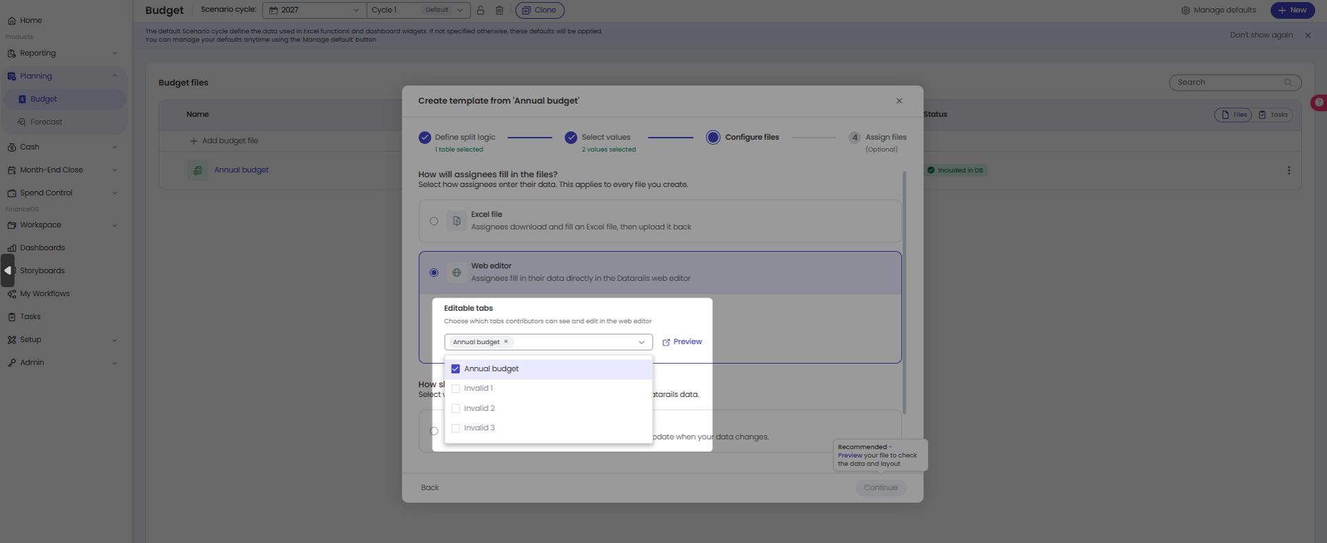Step 3 Configure files: choosing how assignees fill in the files, with Web editor and Editable tabs