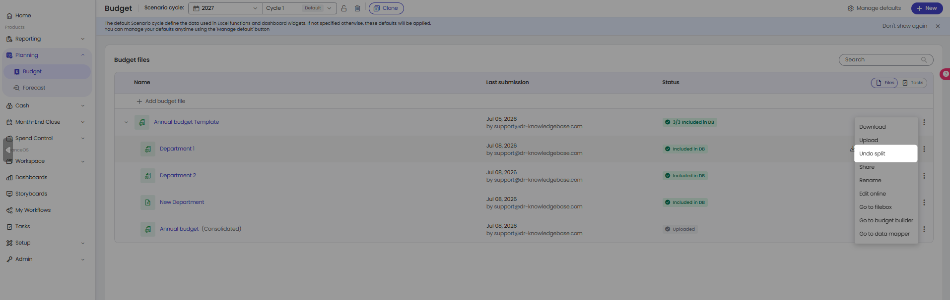 Template file three-dots menu with the Undo split option highlighted